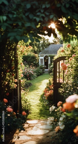Lush Garden Pathway Leading to a Cozy Black Cottage Surrounded by Blooming Fl...