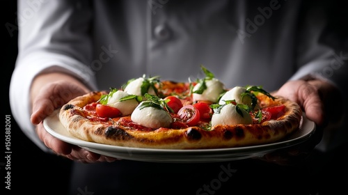 Delicious Pizza Topped With Fresh Ingredients Served on a Dark Plate.