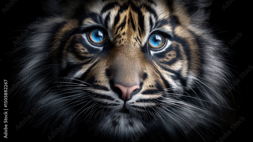Obraz premium Close-up of a tiger cub's face, with striking blue eyes and intricate markings