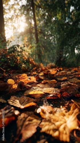 Autumn Leaves Cover a Forest Path in Golden Light During Early Evening Hours