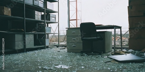 Desolated Office Space with Shattered Glass