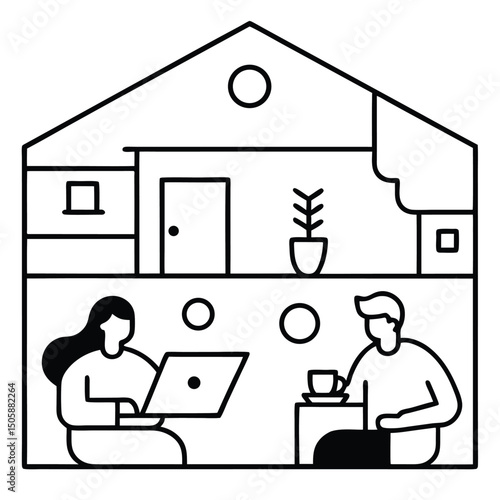 Cartoon vector illustration of a man working on a laptop at his desk in an office, depicting a busy businessman or student