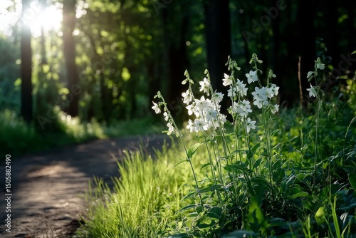 Sunrise Over a Serene Path Lined With White Flowers in a Lush Green Landscape.