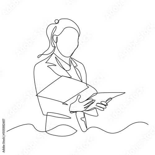 Continuous line drawing of female worker standing while write business note from mentor on paper notes. One single line sketch business woman workshop concept. vector illustration editable stroke