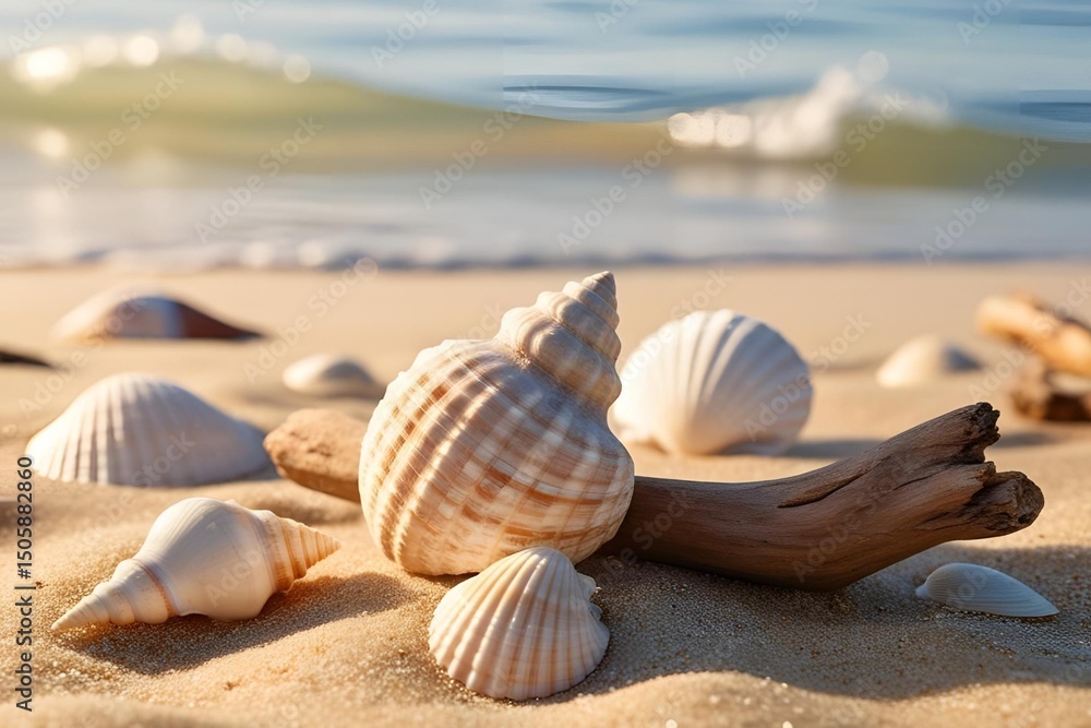 Seashells and driftwood on sandy beach, soft sunlight, gentle waves in background, natural textures, ultra realistic, 8K Seashells and driftwood on sandy beach, soft sunlight, gentle waves in background, natural textures, ultra realistic, 8K
