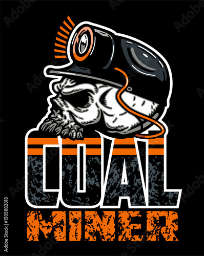 coal miner logo design with skull wearing hard hat and mining light