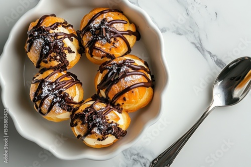 Freshly Baked Pastries With Ice Cream and Chocolate Sauce in a Modern Dish.