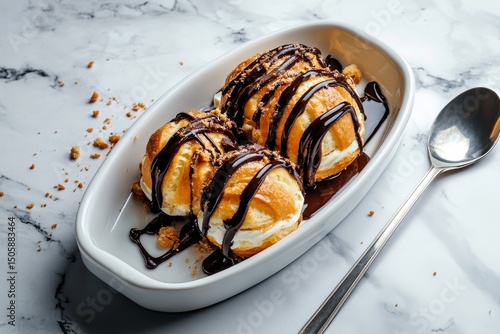 Delicious Dessert of Ice Cream and Chocolate Sauce Served in a Bowl