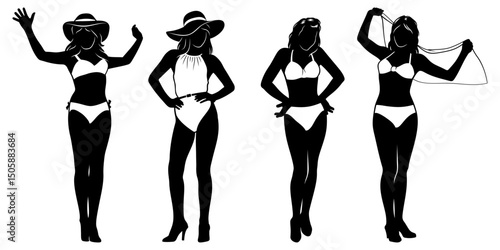 Silhouettes of Women in Bikini and Swimsuit. Vector cliparts isolated on white.
