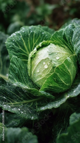 Fresh Green Cabbage With Water Droplets Emerging in a Garden Setting During D...