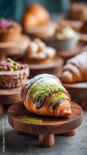 Delicious Croissant Topped With Chocolate and Pistachio Served on Wooden Disp...