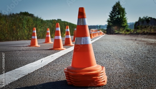 orange traffic cones placed in a row to block off or restrict access to a road or construction site serving as a safety barrier and warning for drivers and pedestrians