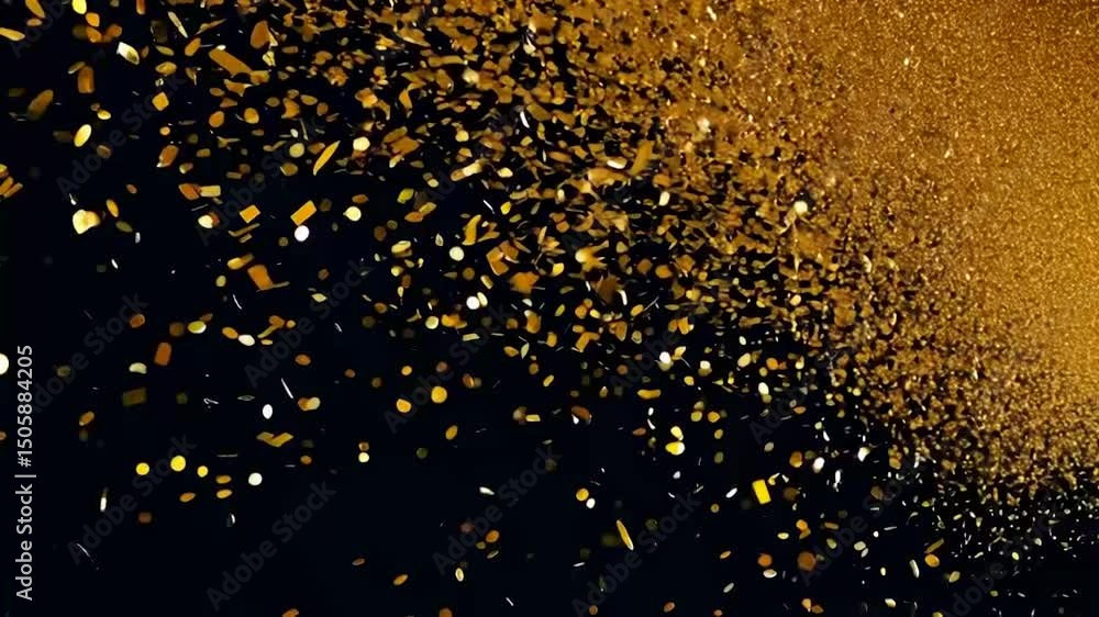 Animation of golden confetti falling gracefully on a black background. Sparkling metallic particles flutter and spin in slow motion, creating a festive and elegant celebration atmosphere. Seamless loo Animation of golden confetti falling gracefully on a black background. Sparkling metallic particles flutter and spin in slow motion, creating a festive and elegant celebration atmosphere. Seamless loo