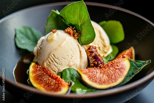 Creamy Ice Cream Served With Fresh Figs and Spinach on a Textured Plate.