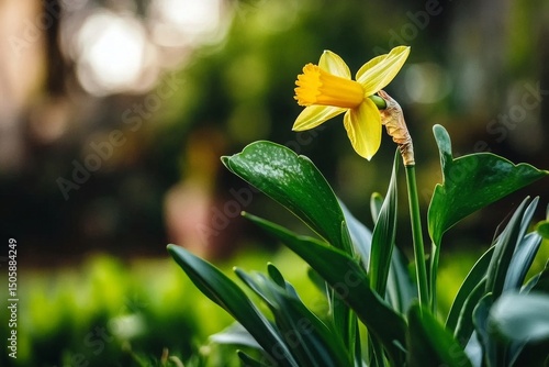 Bright Yellow Daffodil Blooming in a Lush Garden During Springtime