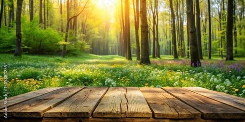 A rustic wooden table sits atop a lush green forest floor surrounded by tall trees with vibrant spring foliage and wildflowers