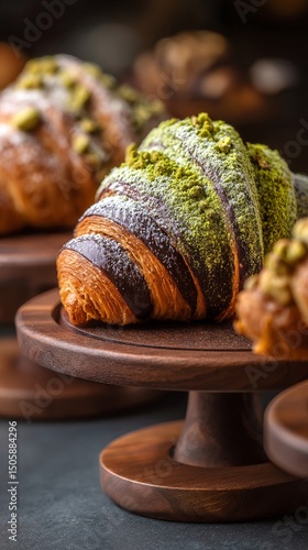 Delicious Croissant Dessert With Green Pistachio and Chocolate Filling on Woo...