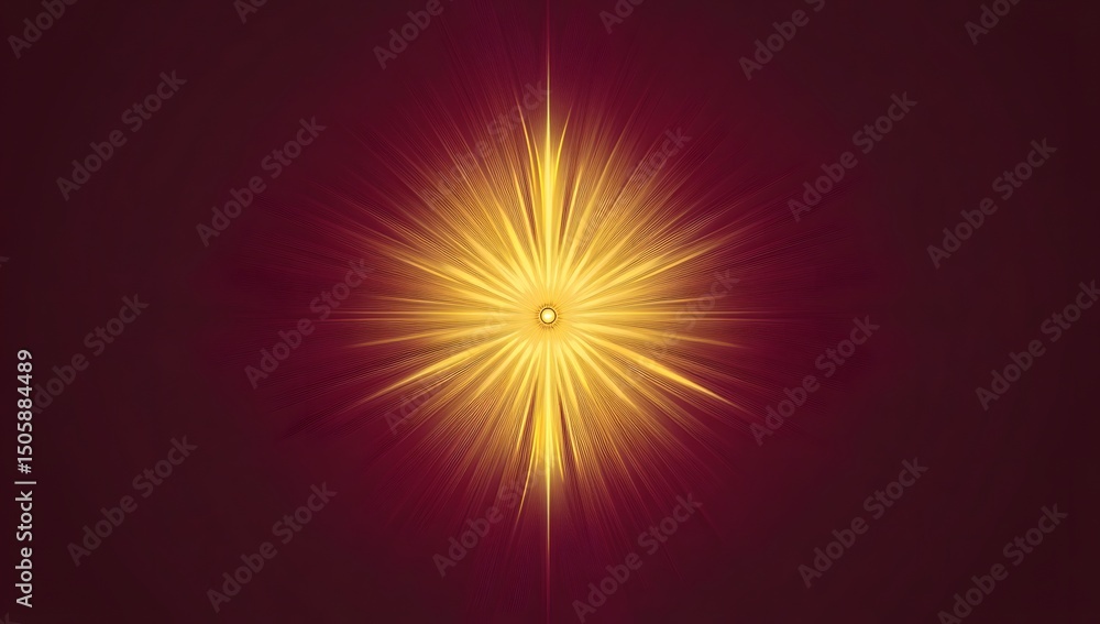 Fototapeta premium A simple, flat color background with symmetrical yellow rays radiating from the center on a dark red background. 