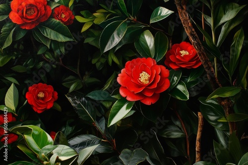 Camellia Flowers Bloom in a Lush Garden During Early Spring Mornings.