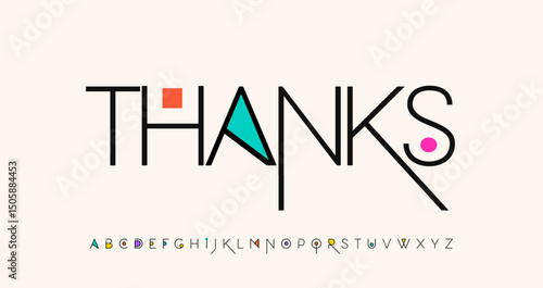 Thanks text with modern geometric style for subscribers and followers. Minimalist colorful font for greeting card, branding, logo, social media headline. Font alphabet logo design.Vector illustration.