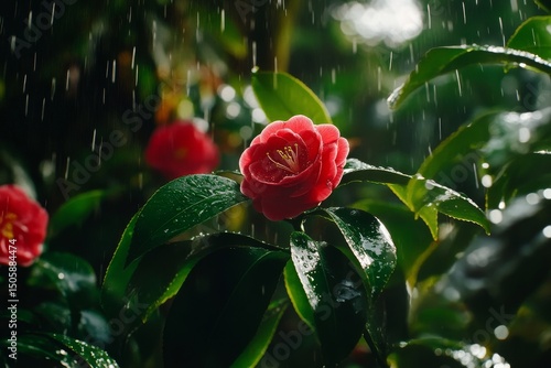 Red Flower Blooms Amidst Rain in Lush Greenery During a Serene Afternoon in N...