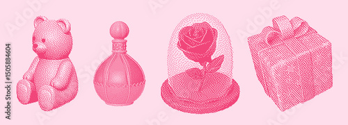 Pink pixel collage with teddy bear, perfume, glass rose, and gift box. Perfect for Valentine’s Day, romantic packaging, girly merch, stickers, and Y2K digital designs.