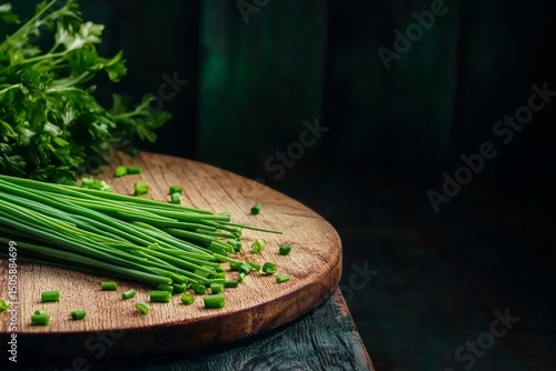 Fresh Green Herbs on a Wooden Cutting Board in a Rustic Kitchen Setting.