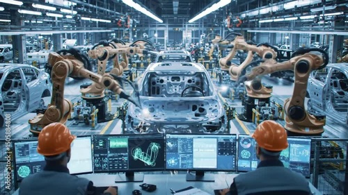 Automotive Manufacturing Robotics: High-Tech Car Production Assembly Line Controlled by Engineers in Control Room, Sparks Flying as Robotic Arms Precisely Weld Vehicle Frames