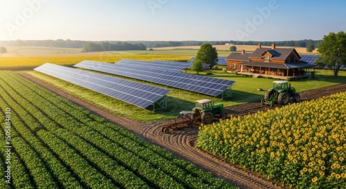 Traditional Farm with Wide Crop Fields of Soybeans and Sunflowers, Integrated with Solar Panels on Adjustable Frames for Maximum Efficiency, Featuring a Classic Wooden Farmhouse and a Tractor Under Mo