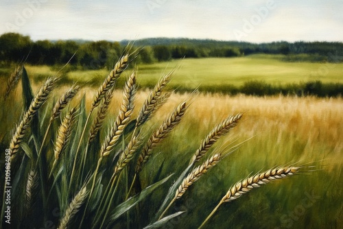 Fresh Wheat Stalks Glisten in Morning Sunlight on a Tranquil Hillside.