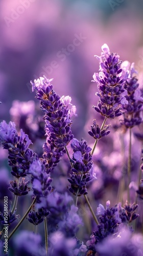 Lavender Flowers Blooming in a Vibrant Purple Field During Sunset.