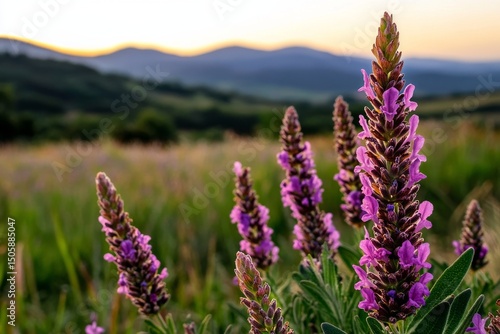 Lavender Flowers in Full Bloom Against a Serene Mountain Backdrop During Sunset