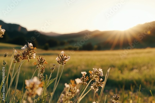 Lavender Flowers in Full Bloom Against a Serene Mountain Backdrop During Sunset.