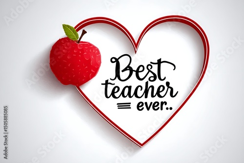 3D heart with “Best Teacher Ever” text, apple, and shadows on white background
