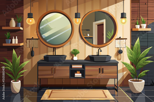 vector of Modern separate room decorated with wall mounted wooden vanity and black sink and lighted round mirrors