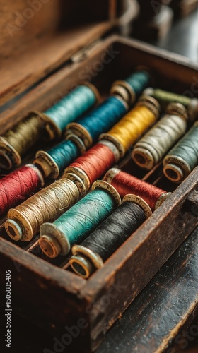 Colorful Spools of Thread Arranged Neatly in a Vintage Wooden Box During Dayl...