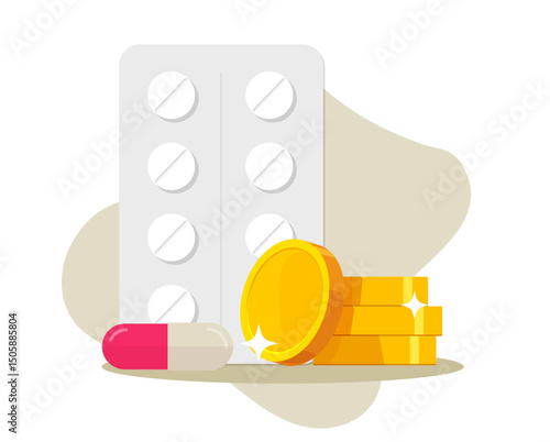 Health care money cost price icon as medical pills tablets with cash vector graphic illustration, expensive drugs treatment products image clip art flat cartoon
