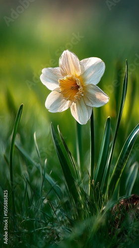 Beautiful Daffodils Blooming in a Misty Garden During Early Morning Light.