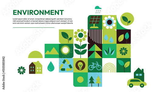 Ecology and Earth Day Concept vector image. World environment and sustainable development concept with ecology icons template flat design, eco friendly and green technology. ESG for business 