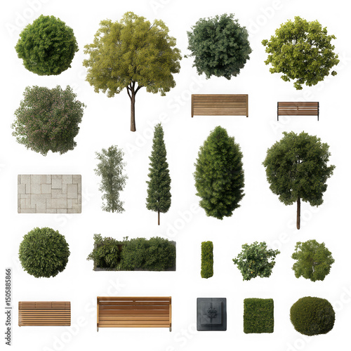 Top view landscape design elements isolated on transparent background