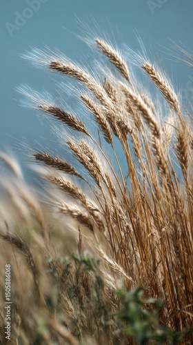 Golden Wheat Swaying Gently in the Breeze Under a Clear Blue Sky During Warm ...