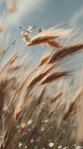 Golden Wheat Swaying Gently in the Breeze Under a Clear Blue Sky During Warm ...