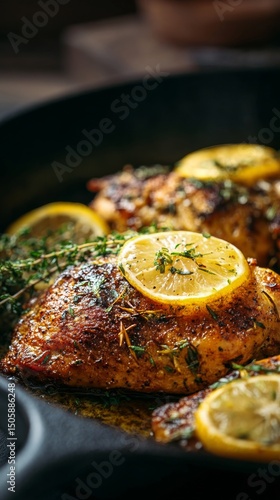 Grilled Chicken Breast With Lemon and Rosemary Served in a Rustic Skillet.