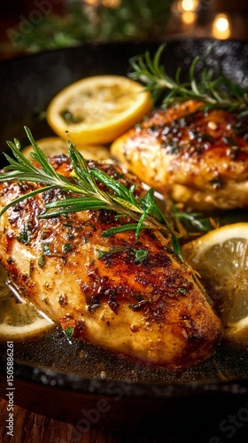 Grilled Chicken Breast With Lemon and Rosemary Served in a Rustic Skillet