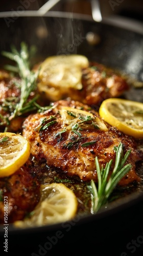 Grilled Chicken Breasts With Lemon Slices and Herbs in a Pan Over a Stovetop.