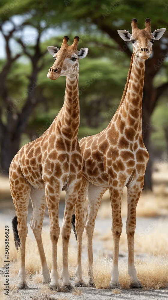 Obraz premium Giraffes interacting in the serene savannah of Serengeti with one displaying a joyful expression and the other observing the surroundings