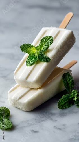 Minty Frozen Treats With Popsicle Sticks and Fresh Mint Leaves on a Marble Ba...