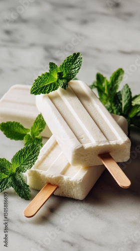Minty Frozen Treats With Popsicle Sticks and Fresh Mint Leaves on a Marble Ba...