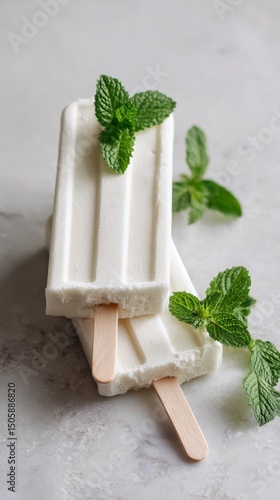 Creamy Mint Ice Pops Placed on a Marble Surface With Fresh Mint Leaves.