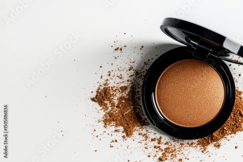 Cosmetic Powder Spills Around a Black Compact on a White Surface During Dayli...